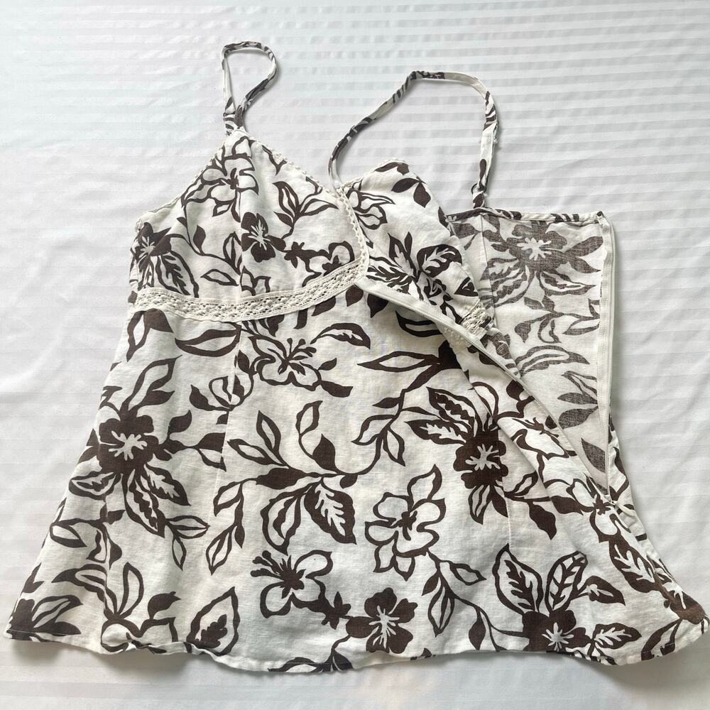 Bass Floral Linen Blend Cami Tank Top Brown Cream Boho Cottagecore Medium - Picture 3 of 10